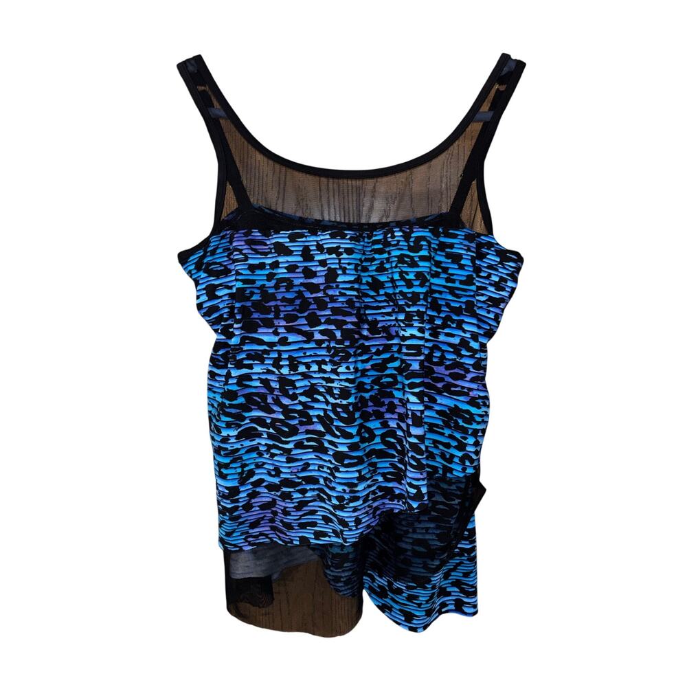 Miraclesuit women’s blue tankini tiered underwire swimsuit top (size 10)